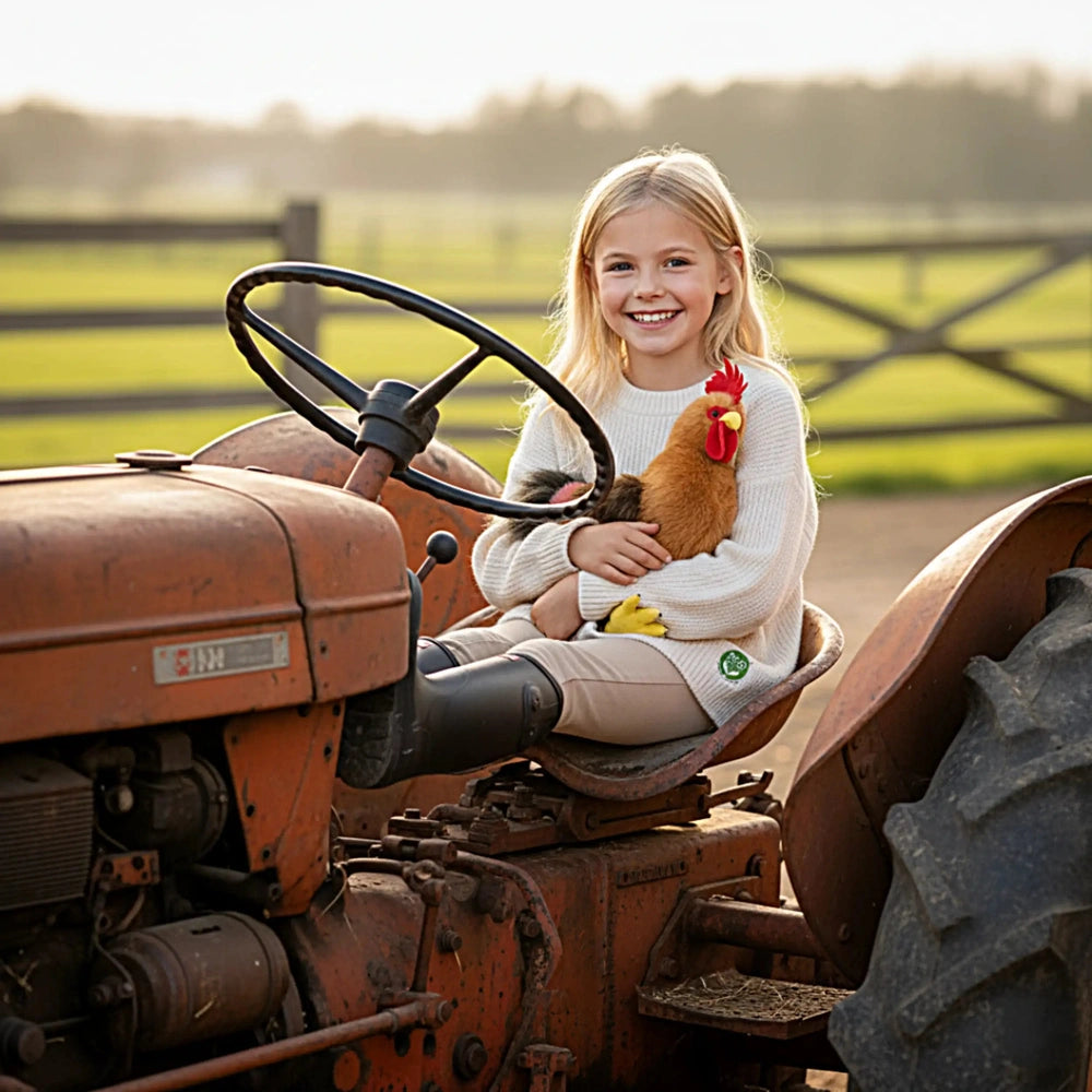 Rappa plush rooster is held by a smiling girl on a rusted orange tractor in a field, showcasing its eco-friendly design.