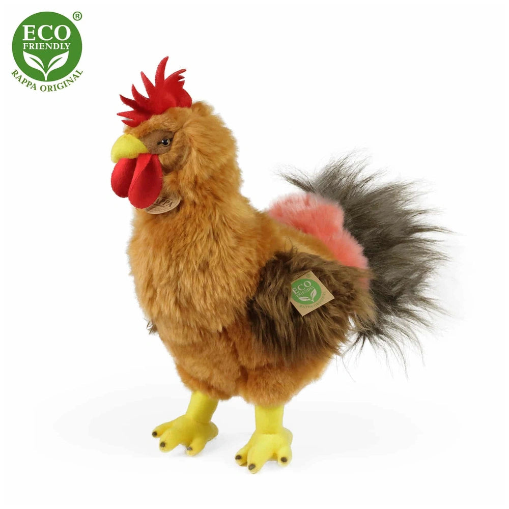Plush rooster toy in brown with red comb and wattle, showcasing eco-friendly materials against a plain white background.