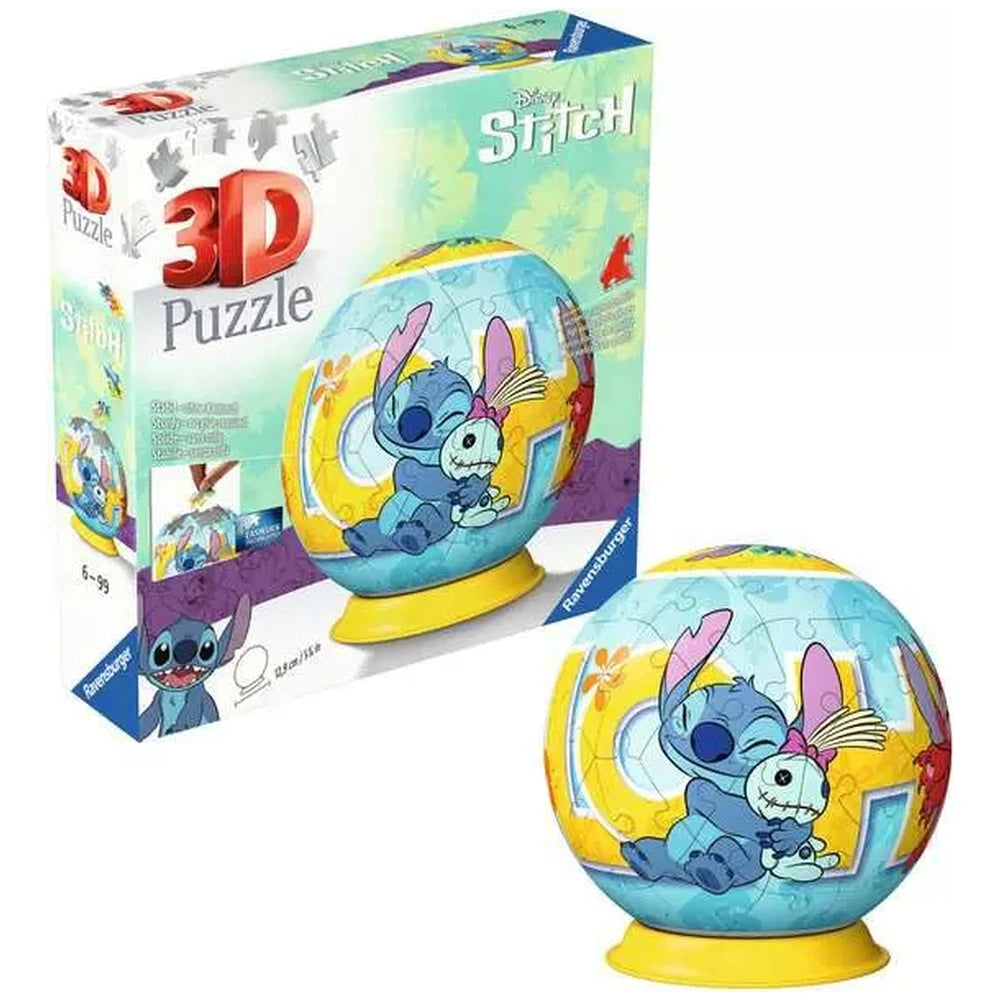 3D puzzle ball featuring a blue dog and white rabbit in a colorful design, packaged in a cardboard box.