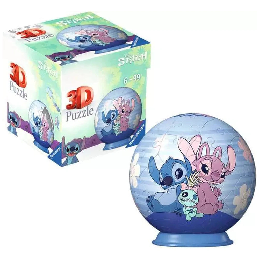 3D puzzle ball featuring Lilo and Stitch characters in pastel colors, alongside a cardboard puzzle box design.