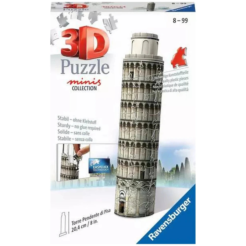 Ravensburger 3D Puzzle of the Leaning Tower of Pisa showcased on glossy packaging with scattered puzzle pieces.