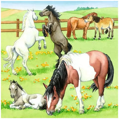 Ravensburger puzzle featuring a serene scene with colorful horses in a grassy field adorned with yellow flowers and a wooden 