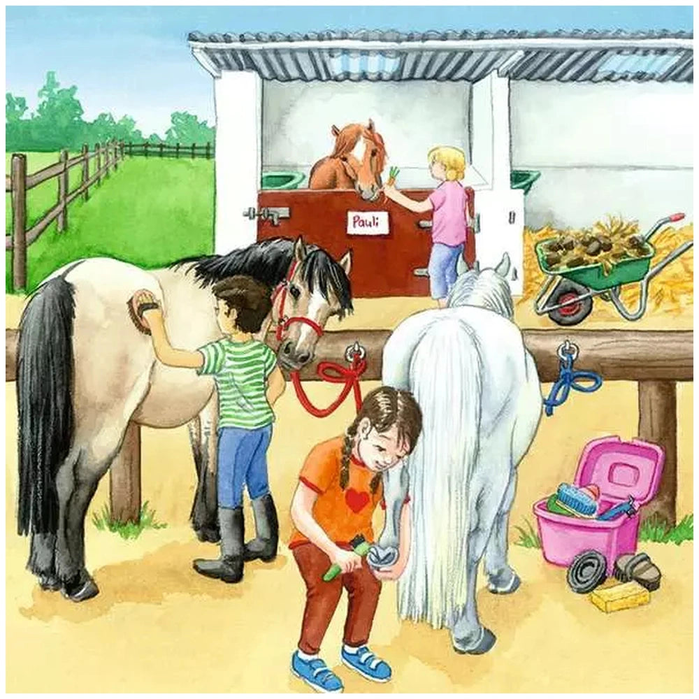 Ravensburger puzzle featuring three horses in a vibrant farm scene with children interacting at the riding stables.