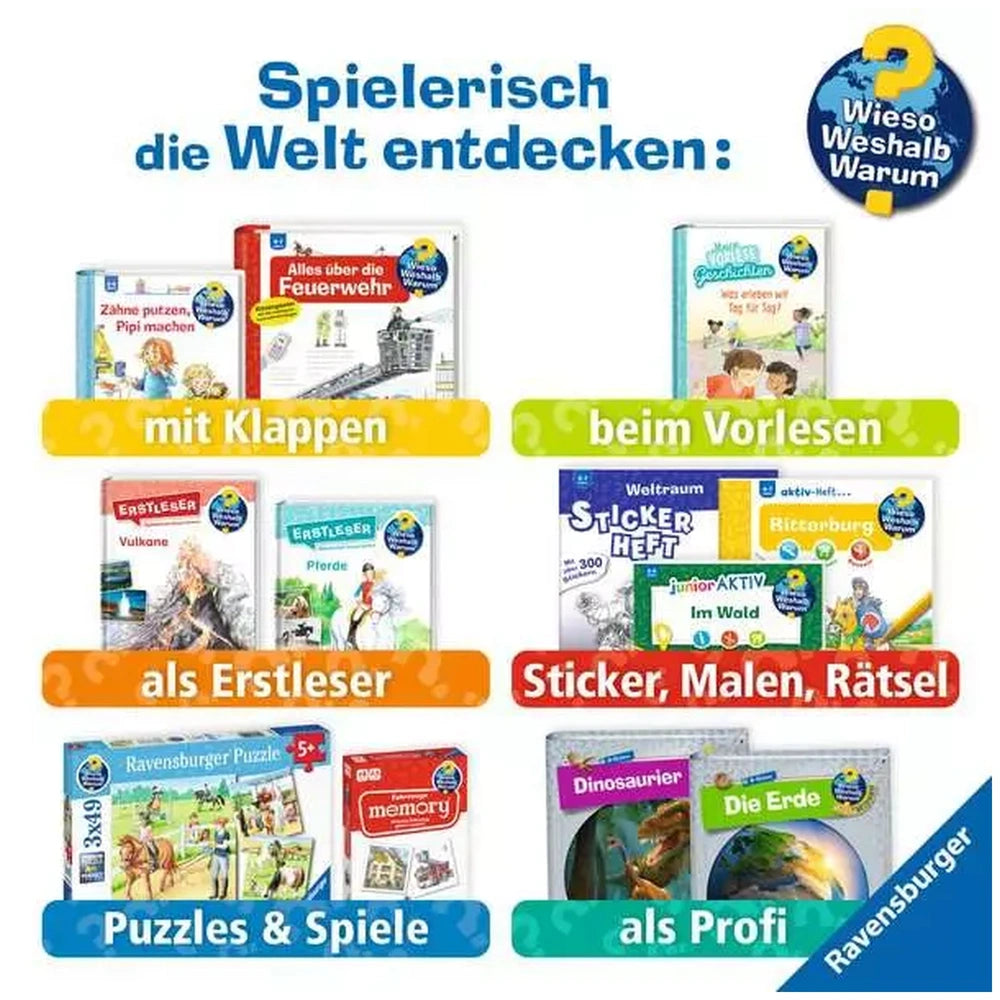 Ravensburger - A Day At The Riding Stables puzzle showcases colorful books in a grid, promoting exploration and learning.