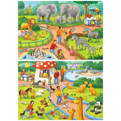 Ravensburger puzzle features a split illustration of a zoo with animals and visitors above, and a park scene below.