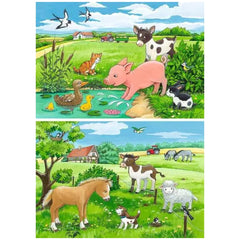 Ravensburger Animal Children In The Country puzzle features vibrant cartoon animals in two pastoral scenes with a blue sky.