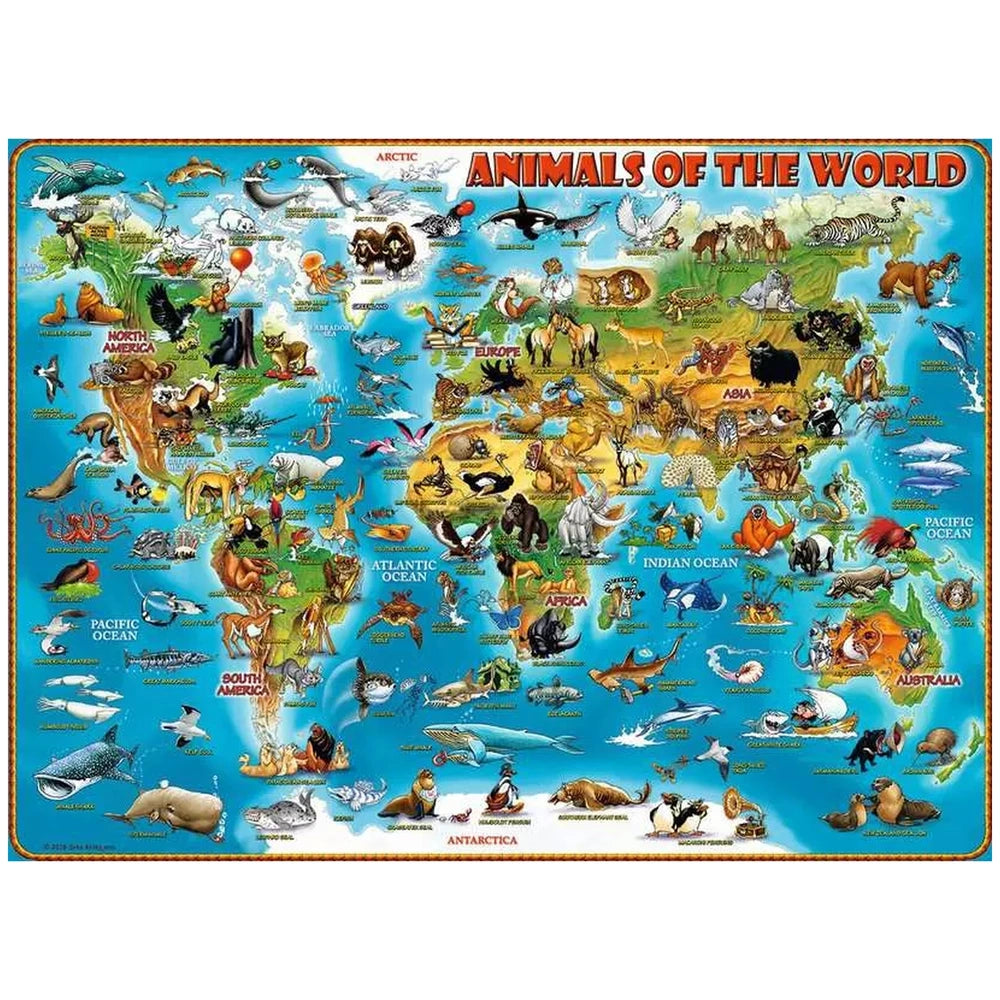 Ravensburger's colorful world map puzzle features various animals illustrated in their natural habitats across the Americas.