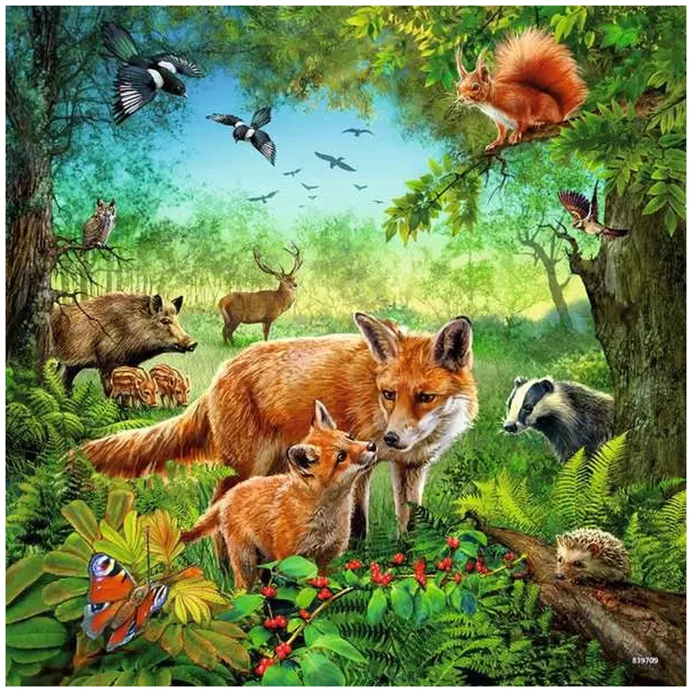 Ravensburger puzzle featuring a vibrant forest scene with various animals like a fox, deer, and bird in a sunny setting.