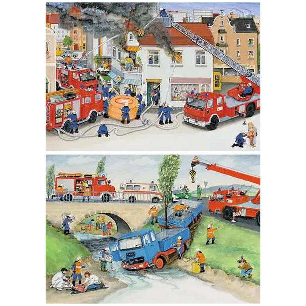 Ravensburger puzzle featuring two fire department scenes with vibrant colors, a red fire truck, and a blue truck in a flood.