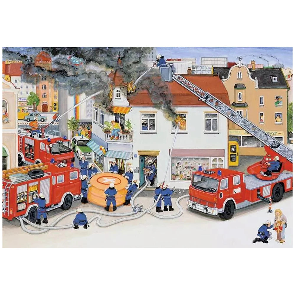 Ravensburger puzzle featuring firefighters battling a building fire with a red fire truck and urban scene details.