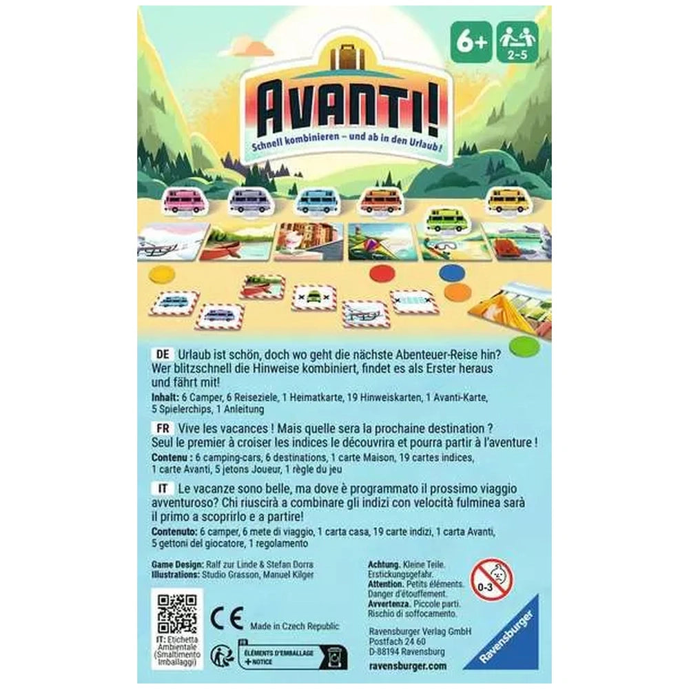 Ravensburger's Avanti! board game features vibrant components, including cards and pieces, set against a colorful landscape b