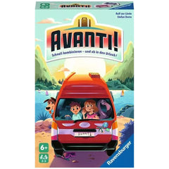 Ravensburger Avanti! board game cover features a red vehicle with animated characters against a vibrant sunset landscape.