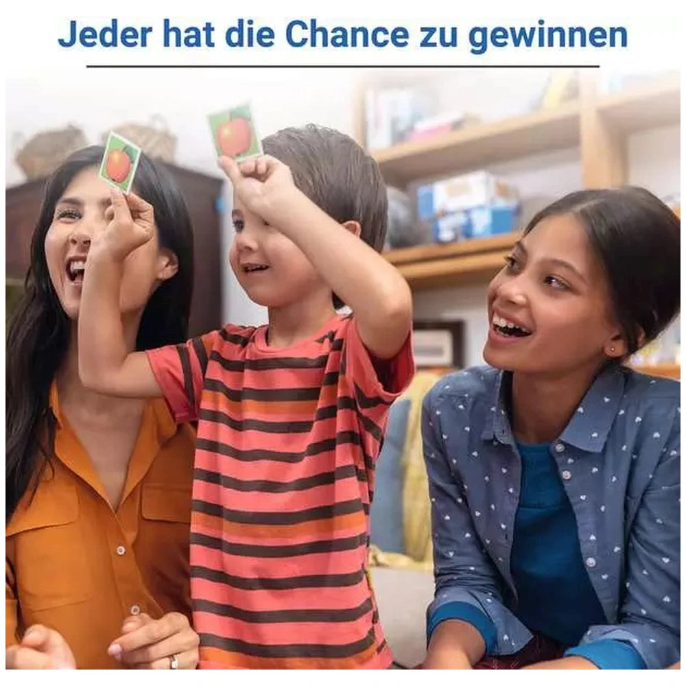 Ravensburger Baby Animal Memory card game is played by a smiling family indoors, showcasing colorful cards and joyful express