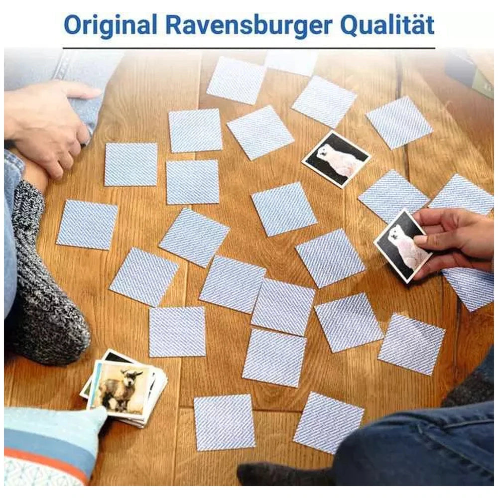 Ravensburger Baby Animal Memory card game displayed on a wooden surface with hands holding and arranging the colorful cards.