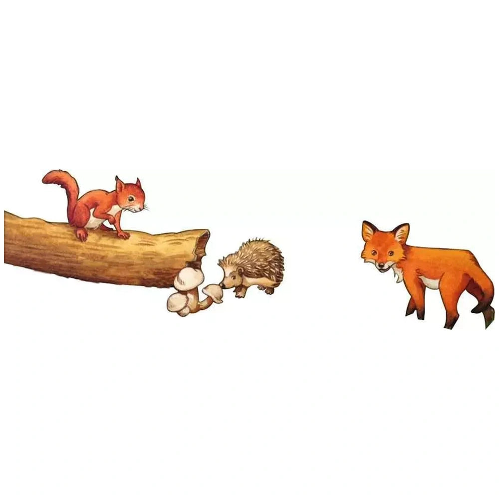 Baby Forest Animals puzzle features a squirrel, hedgehog, and fox on a textured wooden log in a natural setting.