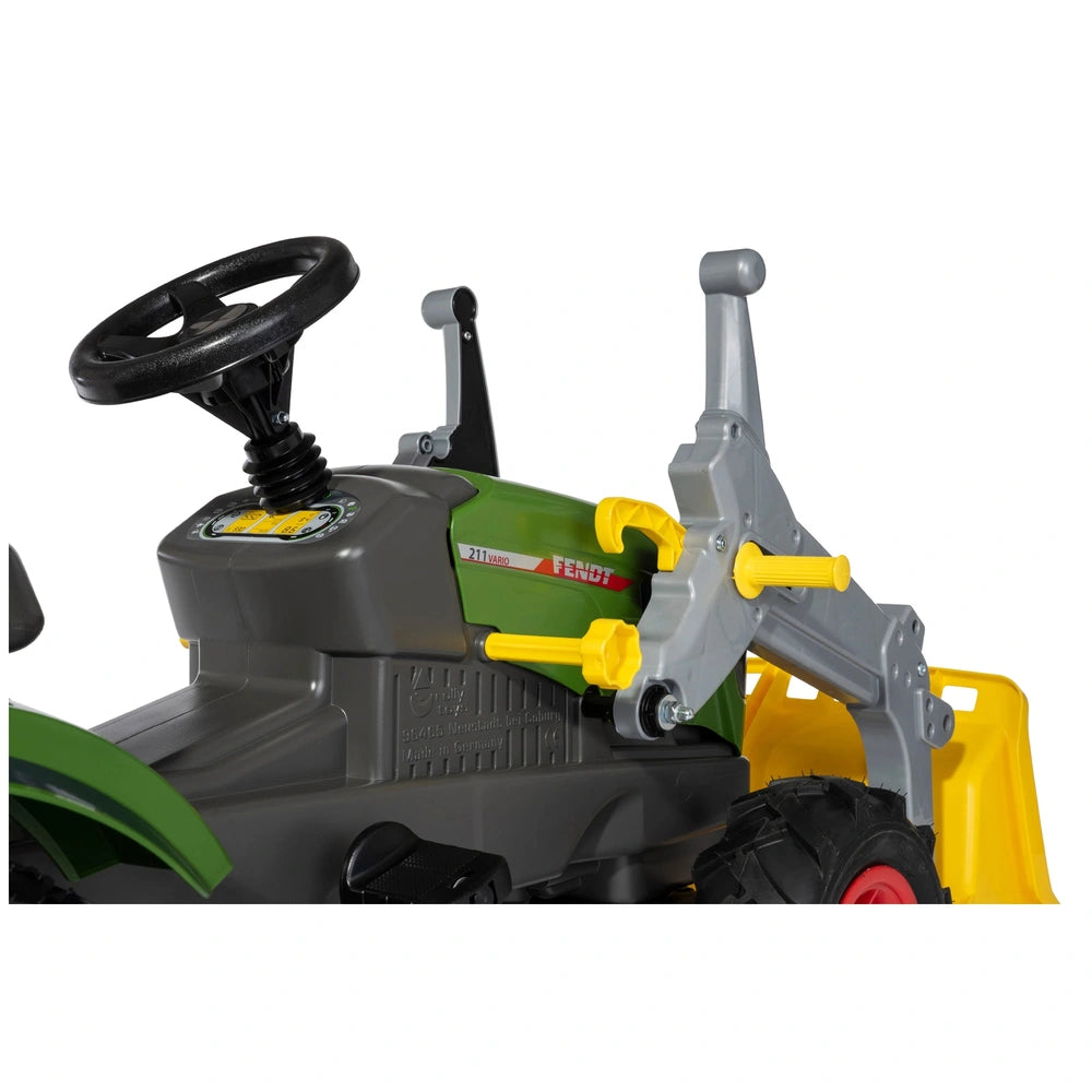 Rolly Farmtrac Fendt 211 Vario Tractor features a green body, yellow handle, and black wheels with red centers for kids' ride