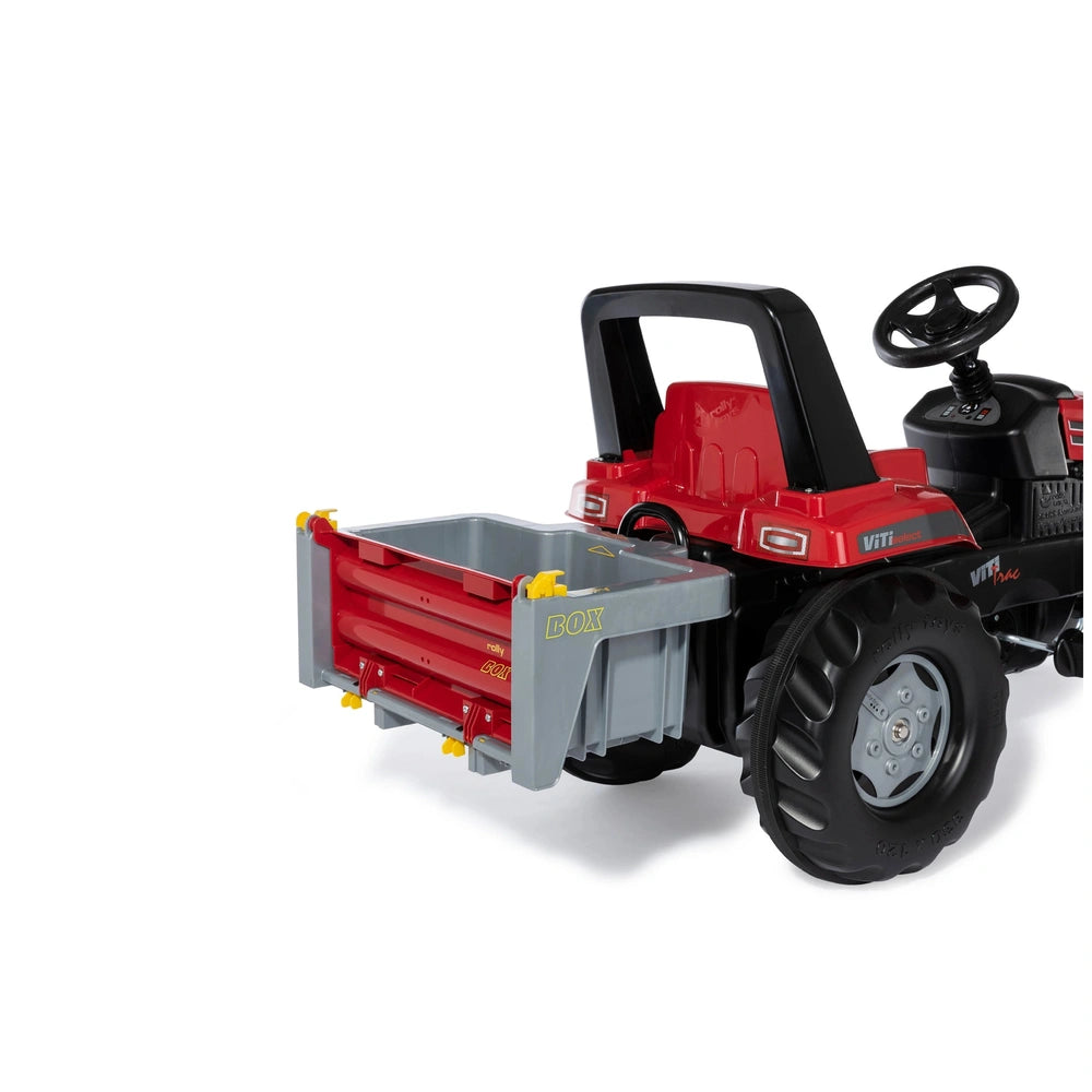 Rolly Toys Rollybox John Deere in red plastic with black tires, steering wheel, and foot pedal, designed for riding fun.