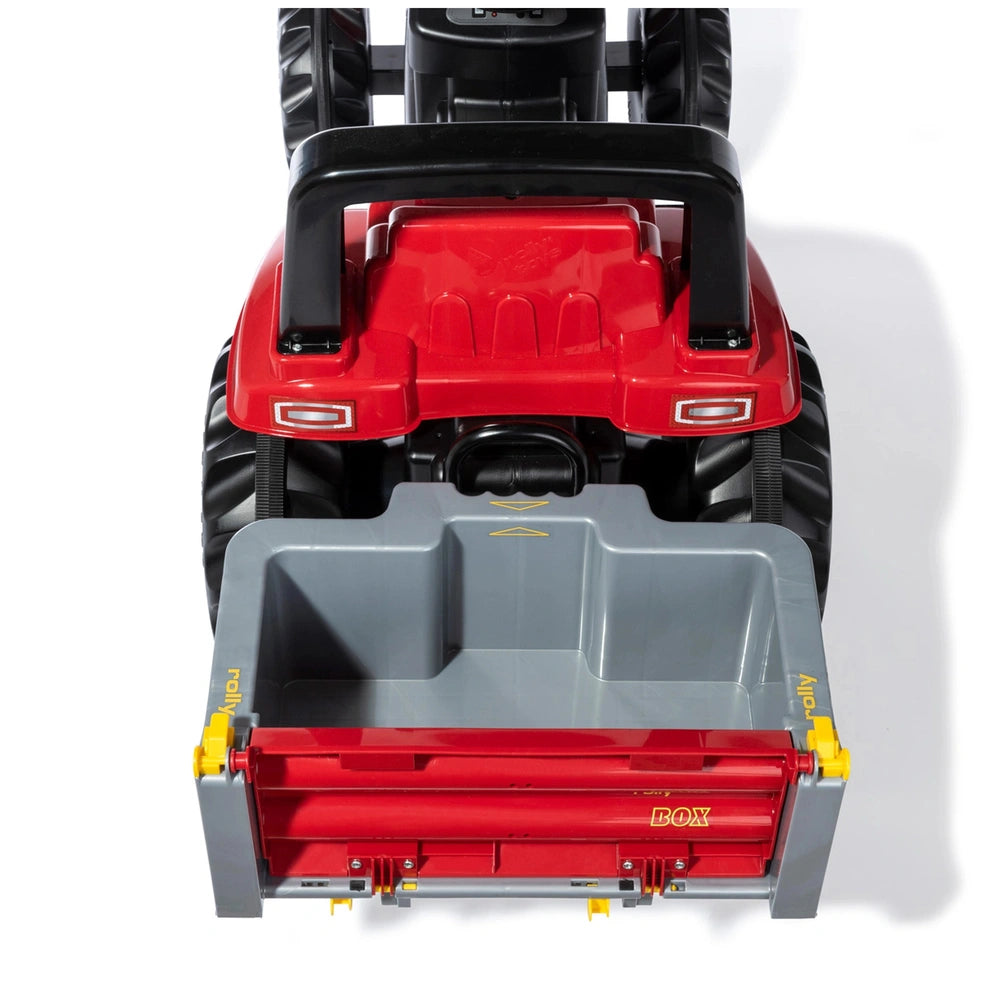 Rollybox John Deere riding toy featuring red, gray, and black plastic with wheels, handle, and seat, labeled "DOX."