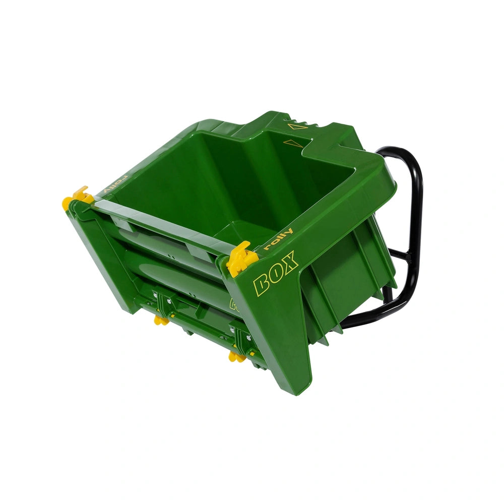 Rollybox John Deere Green riding toy features a green plastic container with yellow hinges and a black handle, labeled "BOX".