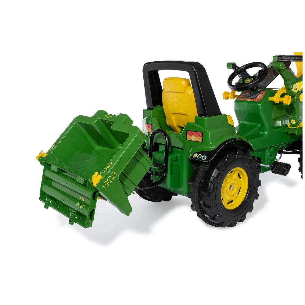 Rollybox John Deere green riding toy tractor features a glossy body, yellow accents, and textured black tires.
