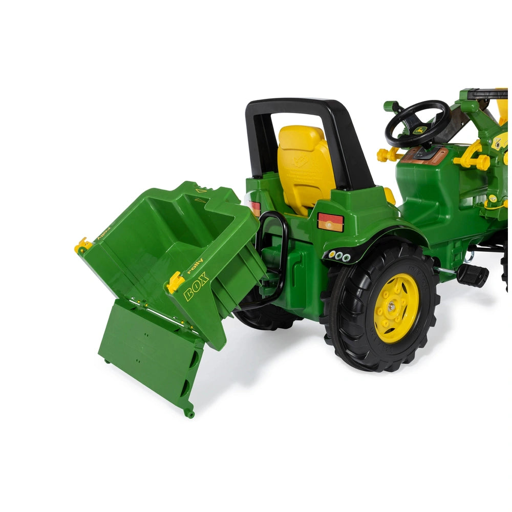 Rolly Toys Rollybox John Deere Green riding toy features green plastic, yellow seat, black steering wheel, and yellow details
