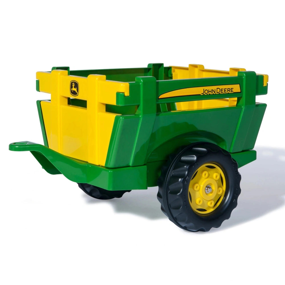 Rollyfarm Trailer John Deere toy tractor features a green body with yellow accents and a glossy finish against a white backgr