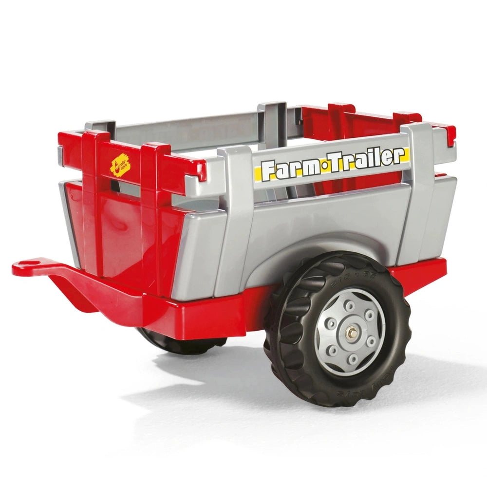 Rolly Toys Rollyfarm Trailer features a red plastic bed and gray metal frame with multiple gray components and black rubber w