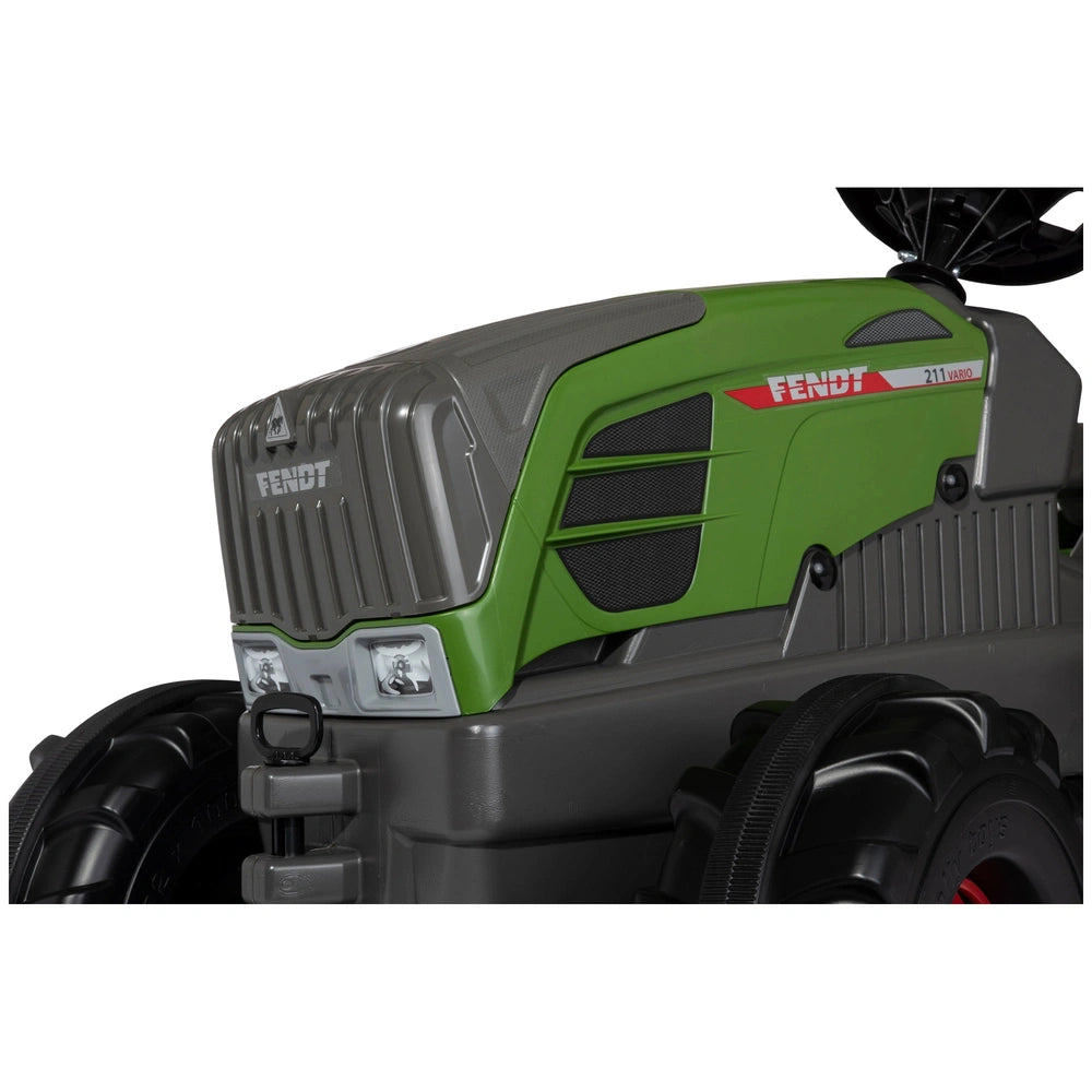 Rollyfarmtrac Fendt 211 Vario pedal tractor features a green and gray metallic design with visible branding and components.