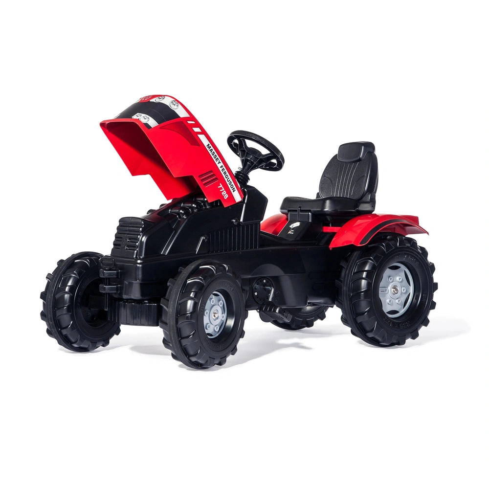 Rollyfarmtrac Mf Tractor features a glossy red engine cover, black textured seat, gray wheels, and shiny metal parts.