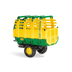 Rollyhay Wagon features a bright yellow body with green accents, designed for carrying items with open sides and pull handles