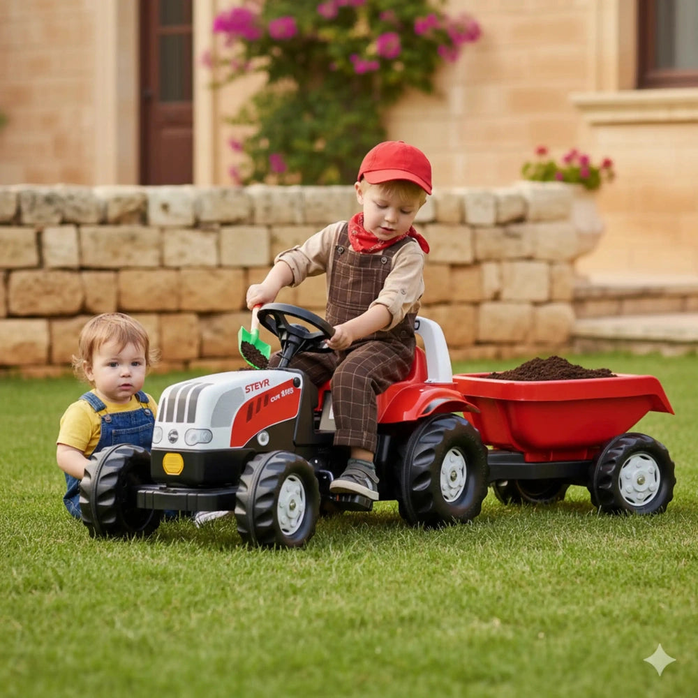 Rolly Toys Rollykid Steyr 6165 Cvt Tractor in red, with a child in a brown jumpsuit, sits on grass beside a stone wall and ho