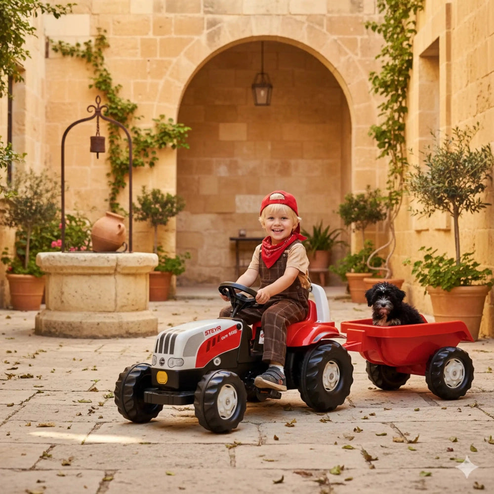 Rollykid Steyr 6165 Cvt tractor in red with a child and a dog in a wagon, set in an outdoor scene with potted plants.