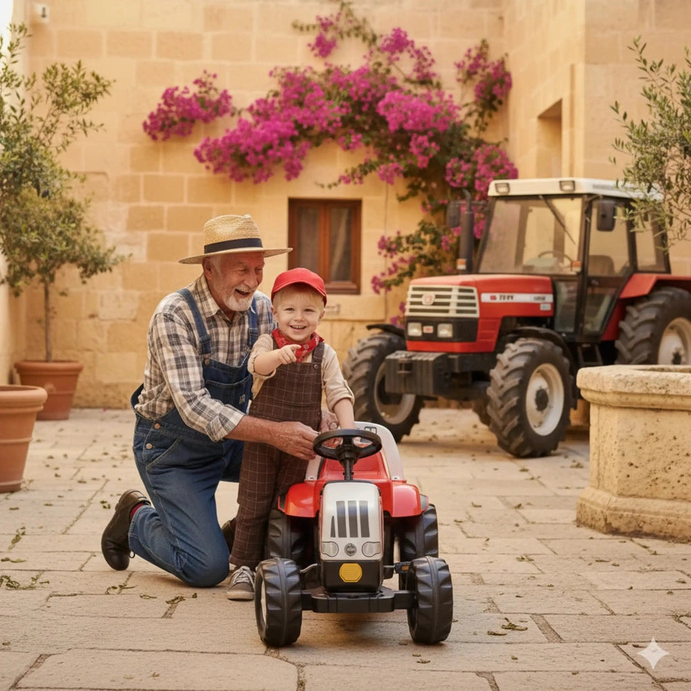 Rolly Toys Rollykid Steyr 6165 Cvt Tractor in red and black, with a child and man in an outdoor setting.