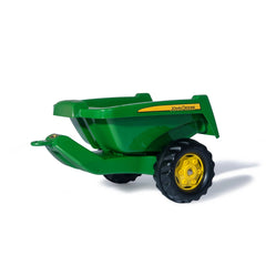 Rolly Toys Rollykipper II John Deere trailer features a shiny green body, black wheel with yellow center, and striped accents
