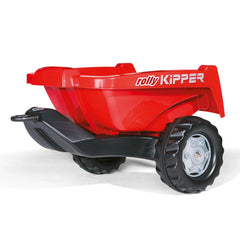 Rolly Toys Rollykipper II red trailer features a red plastic body, black wheels, and seat with "ROLLY KIPPER" printed on it.