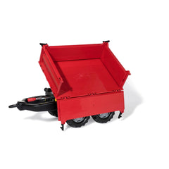 Rollymega red trailer features a shiny flatbed, black handle, and large wheels, designed for stability and rough terrain.