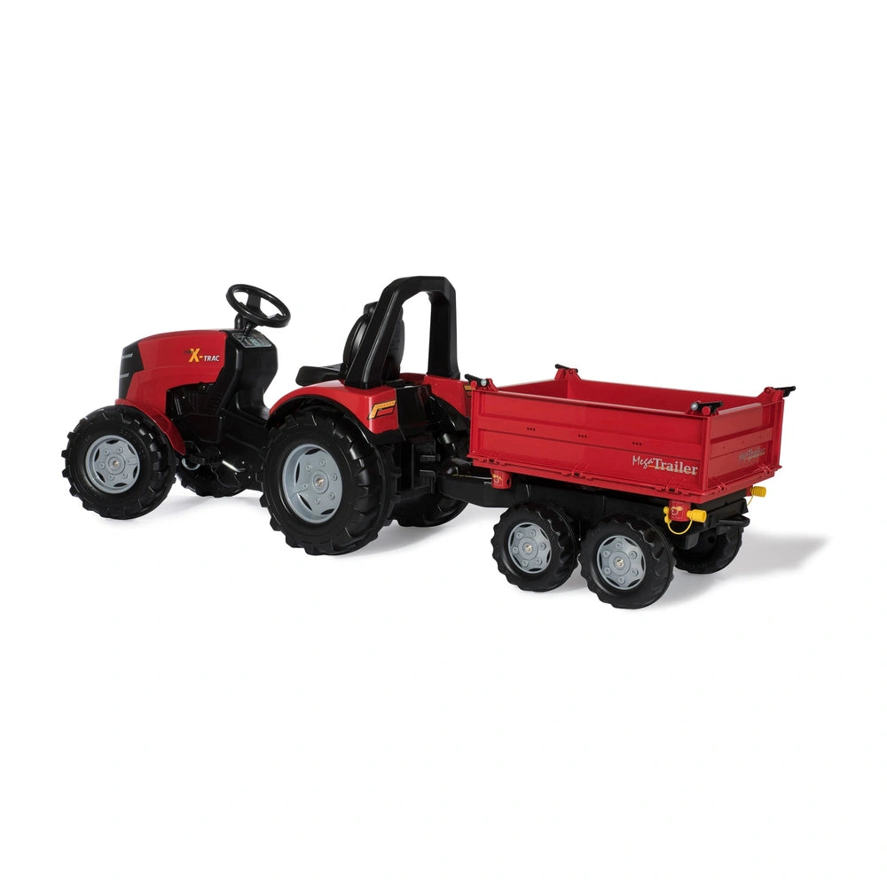 Rollymega red toy tractor with a flatbed trailer, featuring black tires and seat, positioned on a smooth surface.
