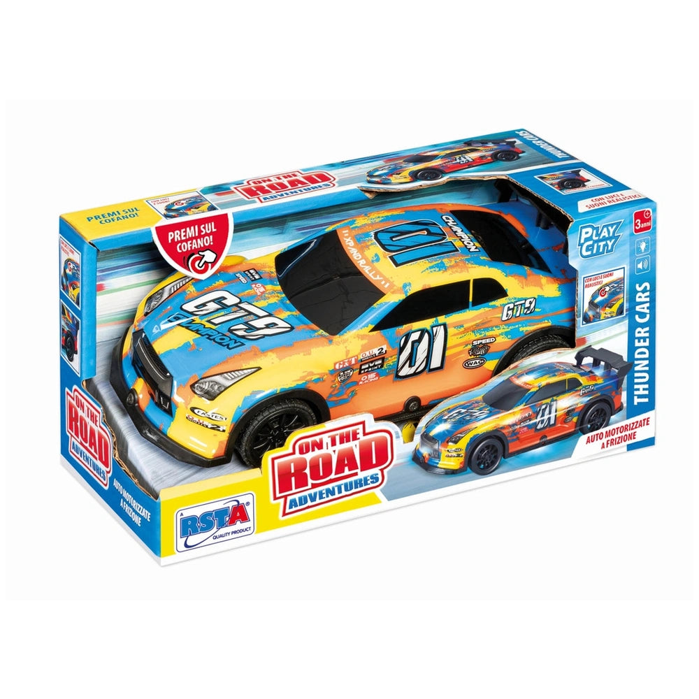 RS Tots toy car set features an orange and blue vehicle in a blue and yellow box with a clear plastic window.