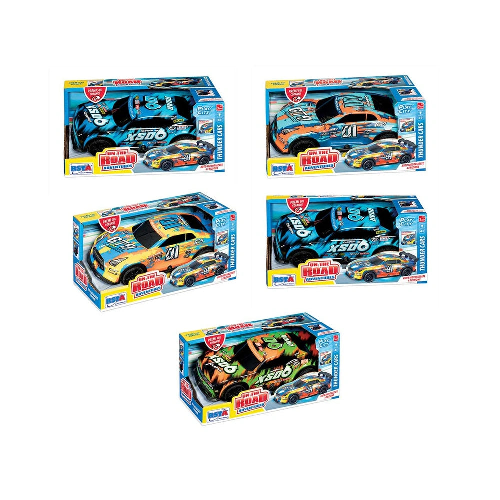 RS Tots On The Road Adventure Play City Thunder Cars features four colorful toy race cars in glossy packaging with clear wind