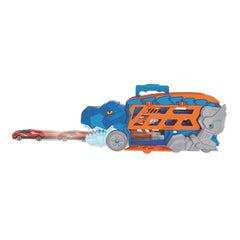 Dino Track Play Set features a blue dinosaur with an open mouth poised to eat a red car in an action-packed scene.