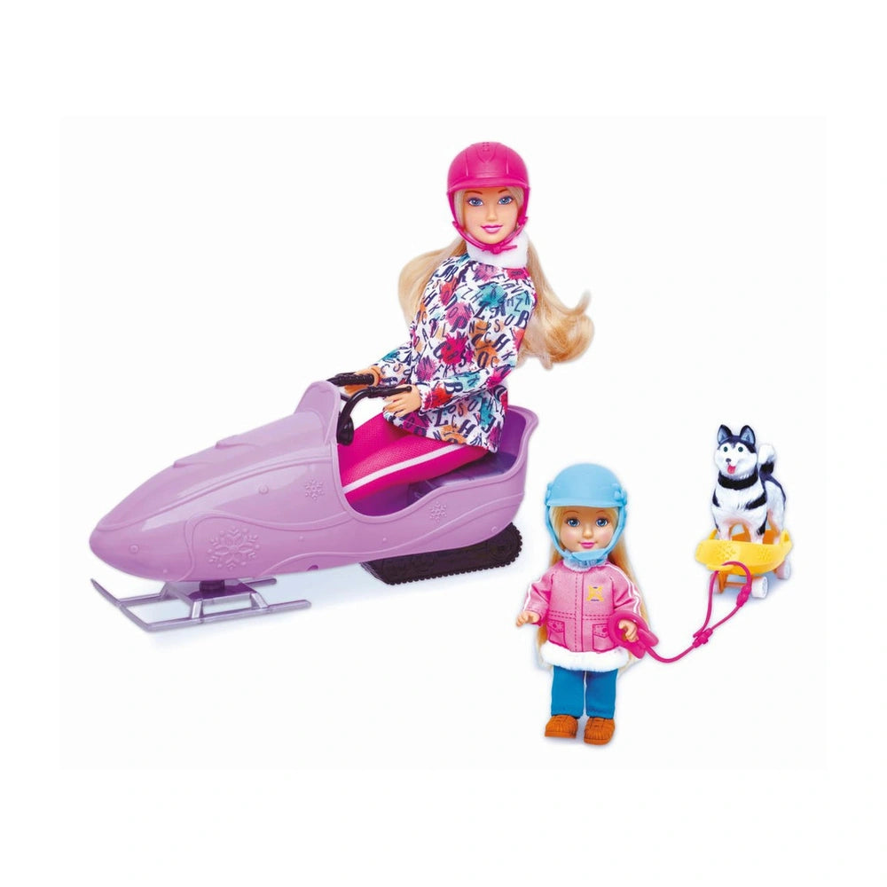 RS Toys Ely Sofy Winter Vacation Snowmobile Set features two colorful dolls riding a glossy purple toy car with a dog on a le