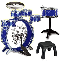 RS Toys Junior Rock Band Ritmo Rock Drums features a blue and silver drum set with a stool, drumsticks, and a reflective cymb