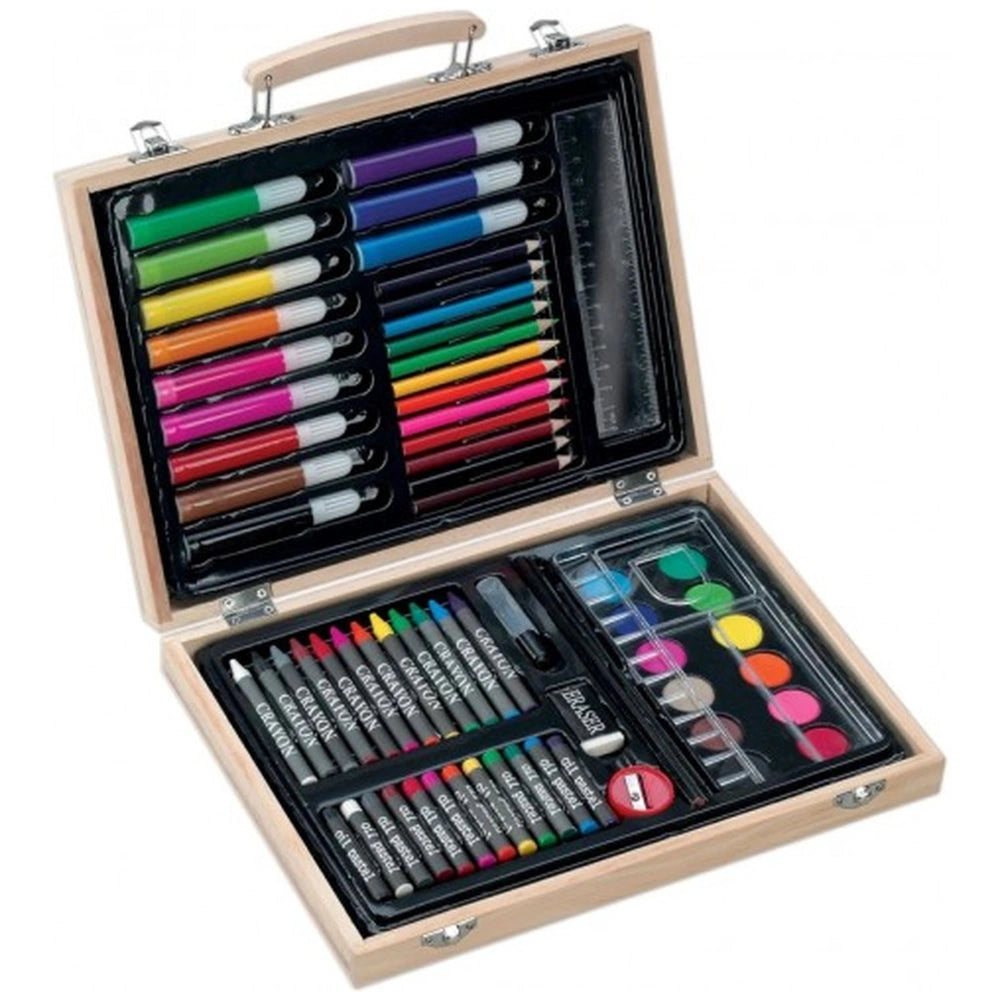 RS Toys Kids Activity Case features a wooden design, filled with organized art supplies including pencils, markers, and erase