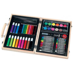 Kids activity case made of wood, showcasing an array of colorful markers neatly arranged in a black interior.