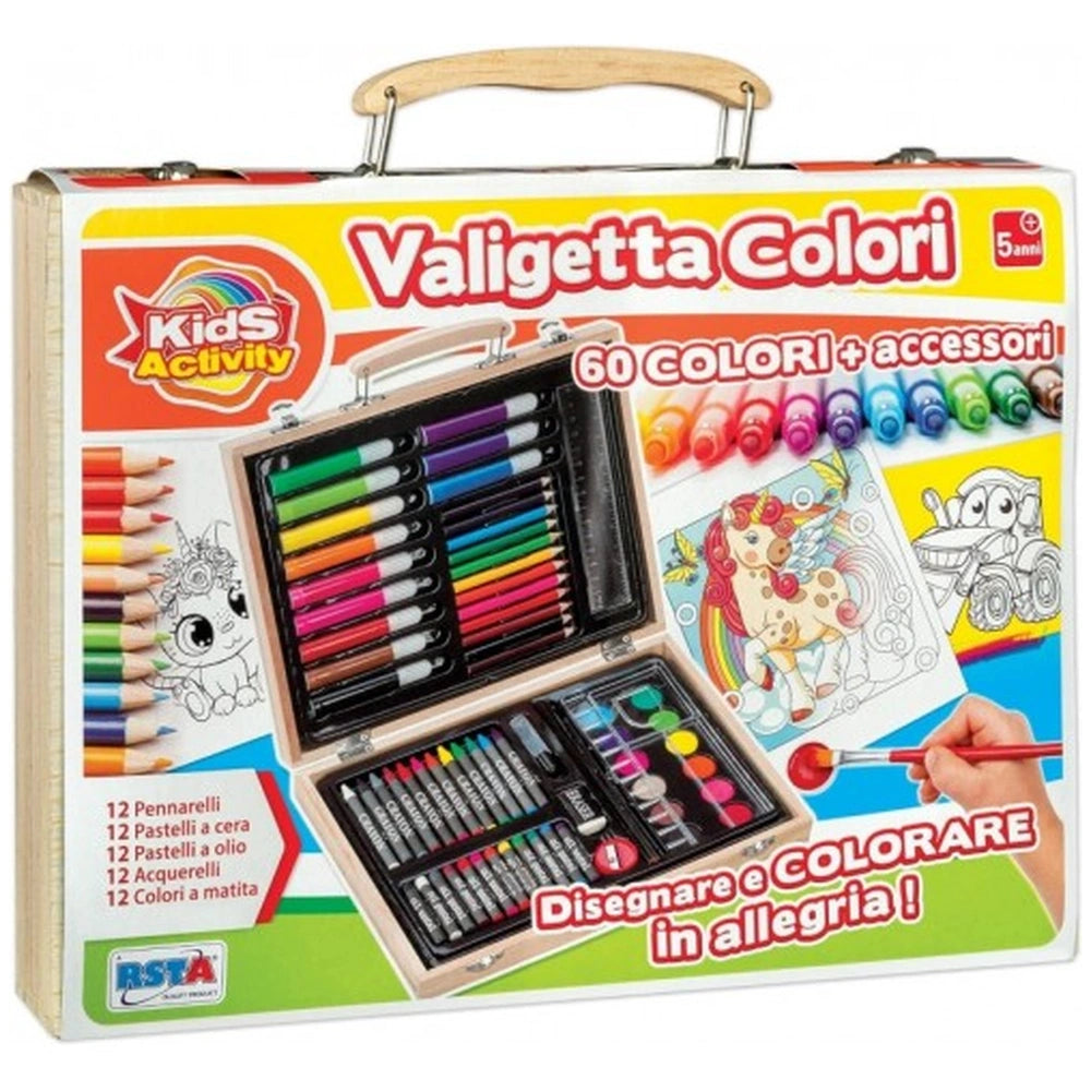 Kids activity case with a wooden handle, featuring 60 colored pencils and crayons in various vibrant colors.