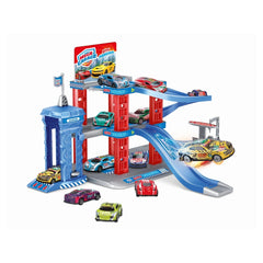RS Toys Mega Garage Center features a multi-level parking structure with colorful toy cars on ramps and within the garage.
