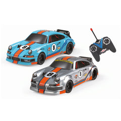 RS Toys racing car features a glossy blue body with orange and black accents, showcasing a sleek design and number "8" emblem