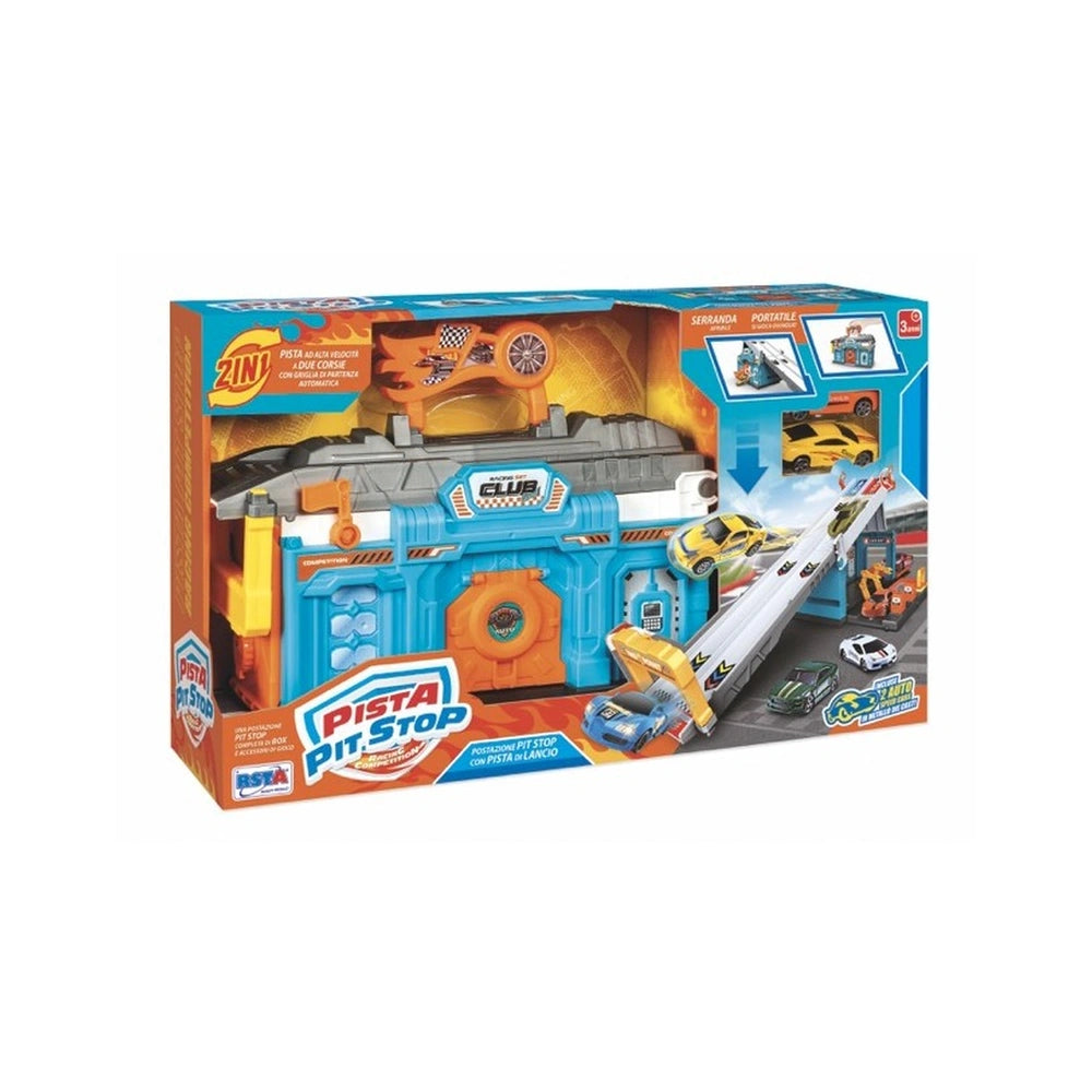 RS Toys Pista Pit Stop playset features a yellow car, ramp, and launcher in a blue box with orange and yellow accents.
