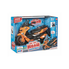 RS Toys Super Scooter in a blue box with a clear window, featuring an orange and black toy motorcycle with detailed design.