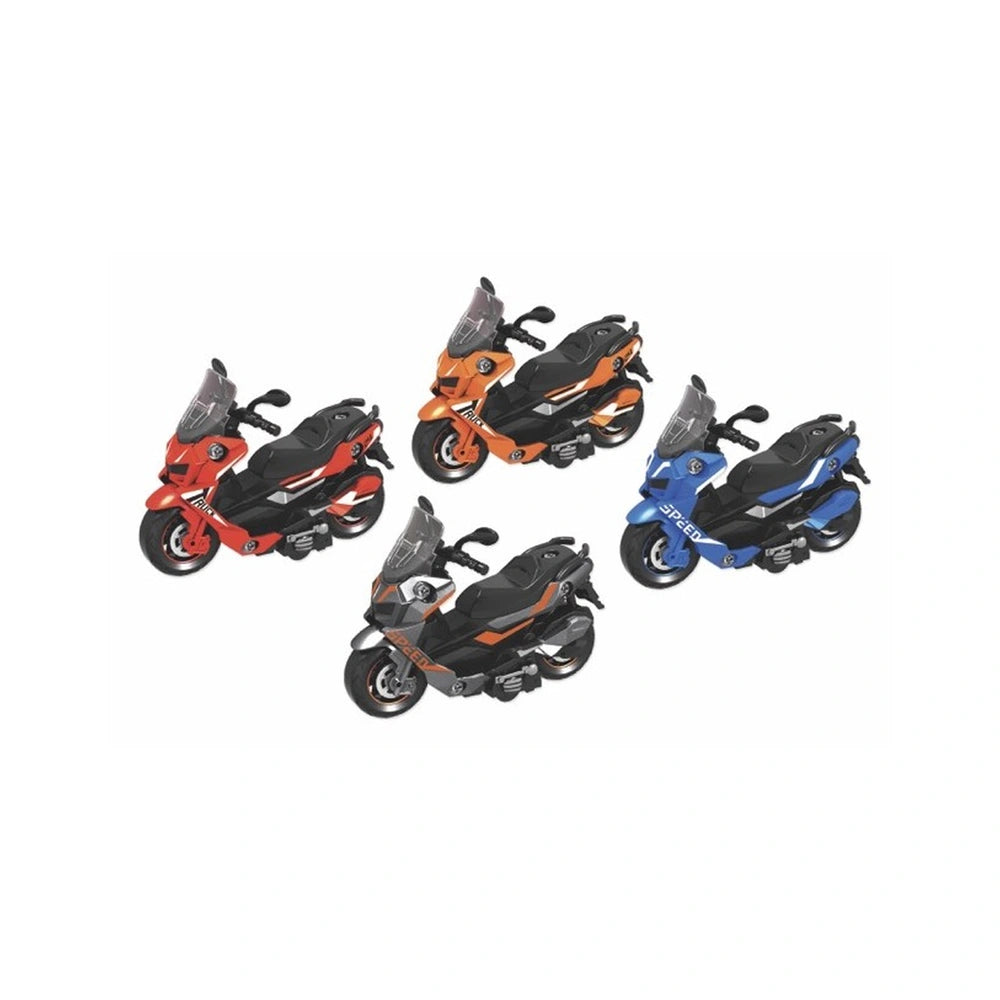 RS Toys Super Scooter features four glossy motorcycles in red, orange, blue, and black, arranged symmetrically on a white bac